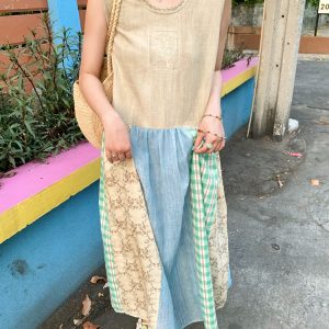 Vintage Retro Patchwork Short Sleeve Dress for Women - Summer Embroidered Puff Sleeve Long Dress in 90s Inspired Style