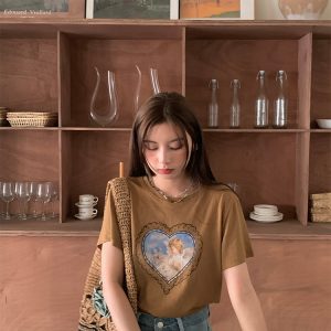 Vintage Retro Printed Short Sleeve T-Shirt for Women - Summer Thin Loose Round Neck Top, Y2K Style, Casual Fashion Essential