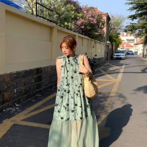 Vintage Rose Sea Wave French Print Sheer Halter Dress - Women's Summer Loose Retro Maxi Dress for Boho Style