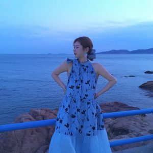 Vintage Rose Sea Wave French Print Sheer Halter Dress - Women's Summer Loose Retro Maxi Dress for Boho Style