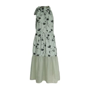 Vintage Rose Sea Wave French Print Sheer Halter Dress - Women's Summer Loose Retro Maxi Dress for Boho Style