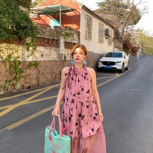 Vintage Rose Sea Wave French Print Sheer Halter Dress - Women's Summer Loose Retro Maxi Dress for Boho Style