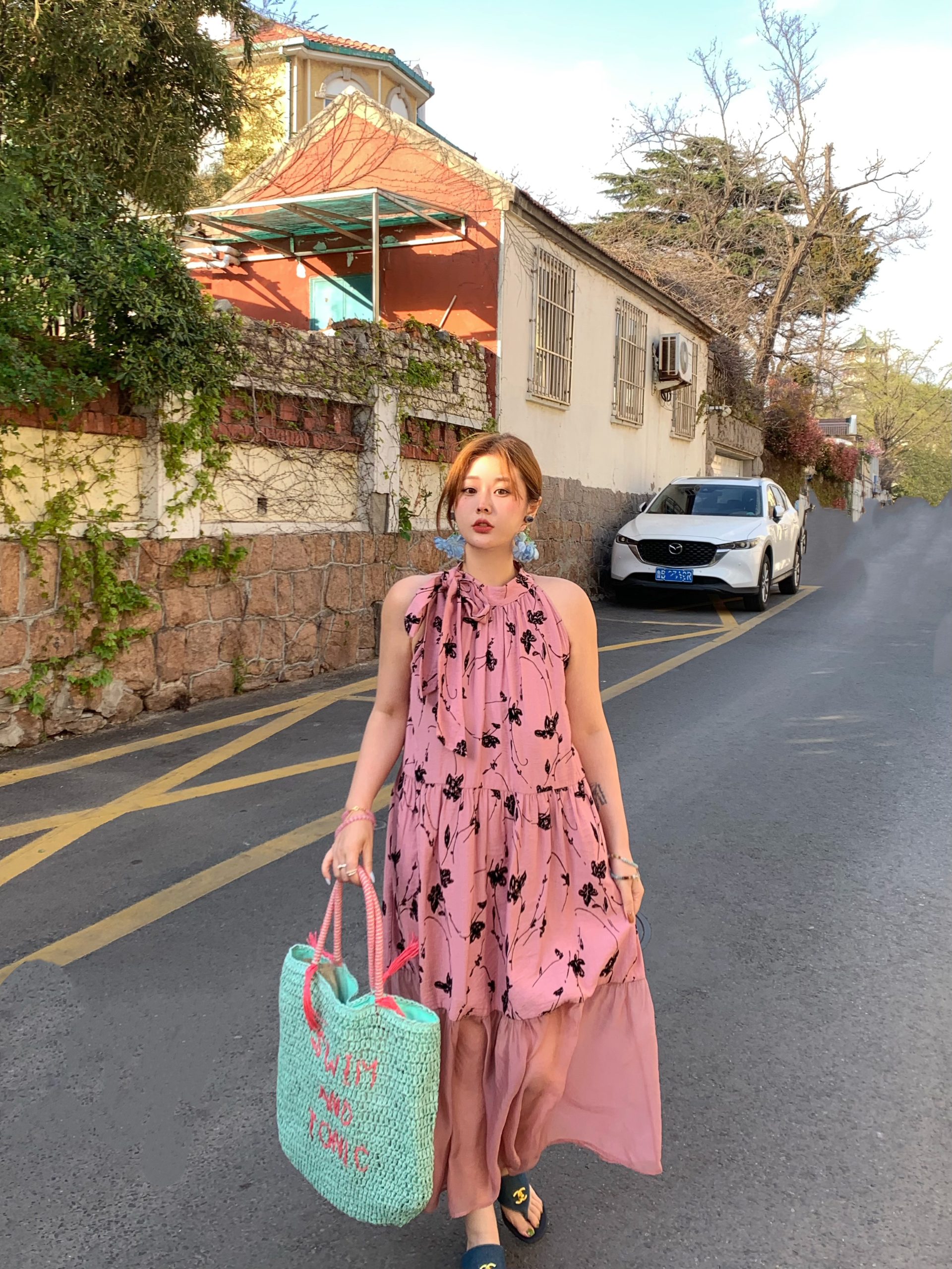 Vintage Rose Sea Wave French Print Sheer Halter Dress - Women's Summer Loose Retro Maxi Dress for Boho Style Vintage Rose Sea Wave French Print Sheer Halter Dress - Women's Summer Loose Retro Maxi Dress for Boho Style