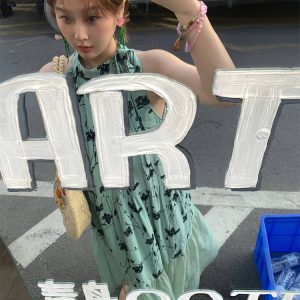 Vintage Rose Sea Wave French Print Sheer Halter Dress - Women's Summer Loose Retro Maxi Dress for Boho Style