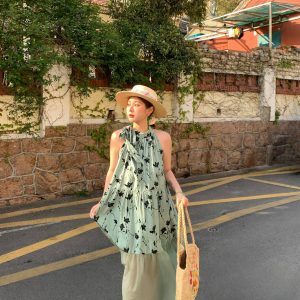 Vintage Rose Sea Wave French Print Sheer Halter Dress - Women's Summer Loose Retro Maxi Dress for Boho Style