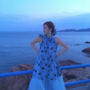 Vintage Rose Sea Wave French Print Sheer Halter Dress - Women's Summer Loose Retro Maxi Dress for Boho Style