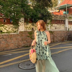 Vintage Rose Sea Wave French Print Sheer Halter Dress - Women's Summer Loose Retro Maxi Dress for Boho Style