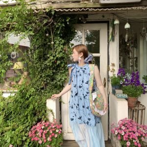 Vintage Rose Sea Wave French Print Sheer Halter Dress - Women's Summer Loose Retro Maxi Dress for Boho Style