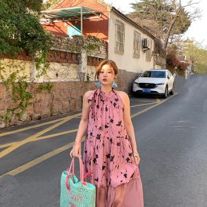 Vintage Rose Sea Wave French Print Sheer Halter Dress - Women's Summer Loose Retro Maxi Dress for Boho Style