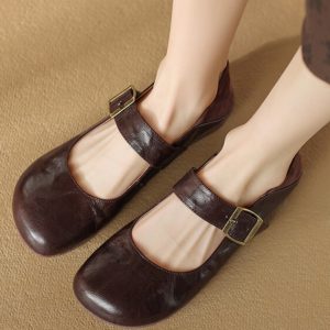 Vintage Round-Toe Mary Jane Women's Flat Shoes in Sheepskin - Artistic One-Strap Design, Italian Style, Perfect for Y2K Fashion.