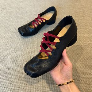 Vintage Sheepskin Pleated Square-Toe Cross-Strap High-Heeled Ballet Mary Jane Shoes - Chunky Heel, Pig-Nose Style