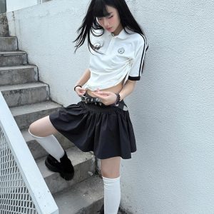 Vintage Short Sleeve Polo Shirt for Women - Summer Lapel College Style, Slim Fit Flattering Top, Trendy American Fashion