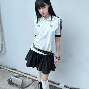 Vintage Short Sleeve Polo Shirt for Women - Summer Lapel College Style, Slim Fit Flattering Top, Trendy American Fashion