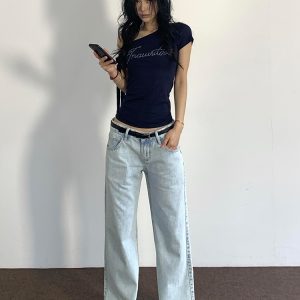 Vintage Slim-Fit Cropped T-Shirt - American Off-Shoulder Short Sleeve Summer Top for Spicy Girls, Trendy Design