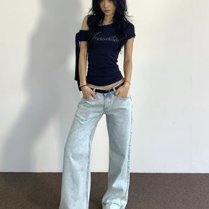 Vintage Slim-Fit Cropped T-Shirt - American Off-Shoulder Short Sleeve Summer Top for Spicy Girls, Trendy Design