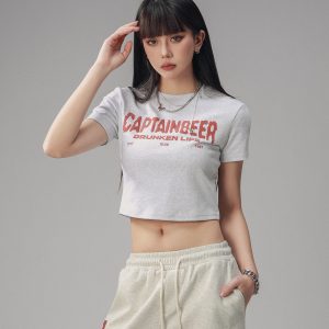 Vintage Slim Fit Cropped T-Shirt for Women - American Beer Team Captain Design, Summer Dance Style, Trendy Short Sleeve Top