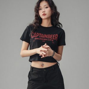 Vintage Slim Fit Cropped T-Shirt for Women - American Beer Team Captain Design, Summer Dance Style, Trendy Short Sleeve Top