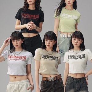 Vintage Slim Fit Cropped T-Shirt for Women - American Beer Team Captain Design, Summer Dance Style, Trendy Short Sleeve Top