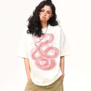 Vintage Snake Print Round Neck Short Sleeve T-Shirt for Men and Women - 2025 Summer Loose Couple Top, Y2K Style