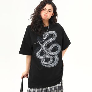 Vintage Snake Print Round Neck Short Sleeve T-Shirt for Men and Women - 2025 Summer Loose Couple Top, Y2K Style