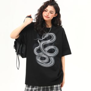 Vintage Snake Print Round Neck Short Sleeve T-Shirt for Men and Women - 2025 Summer Loose Couple Top, Y2K Style