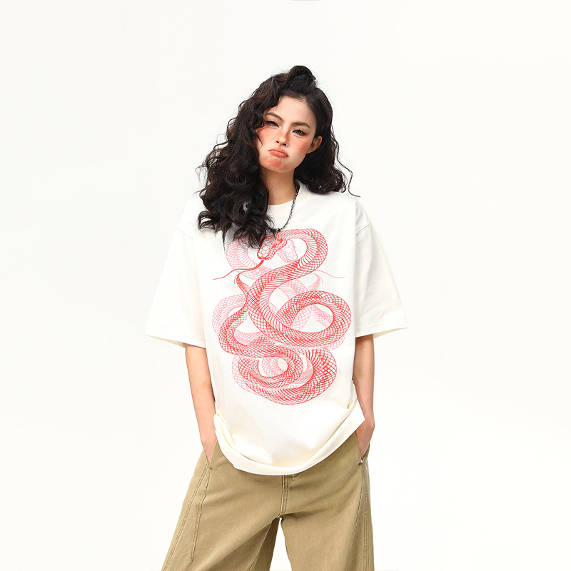 Vintage Snake Print Round Neck Short Sleeve T-Shirt for Men and Women - 2025 Summer Loose Couple Top, Y2K Style