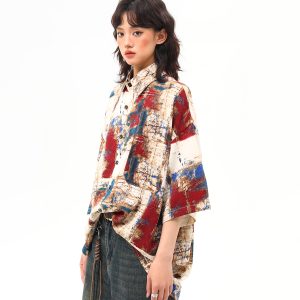 Vintage Splatter Design Short Sleeve Shirt for Women | Retro American Style, Trendy 90s Aesthetic Fashion Top