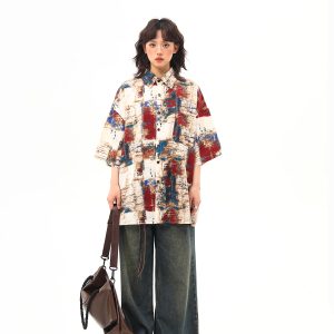 Vintage Splatter Design Short Sleeve Shirt for Women | Retro American Style, Trendy 90s Aesthetic Fashion Top