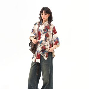 Vintage Splatter Design Short Sleeve Shirt for Women | Retro American Style, Trendy 90s Aesthetic Fashion Top