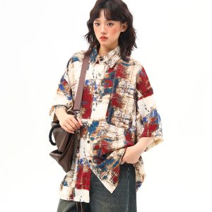 Vintage Splatter Design Short Sleeve Shirt for Women | Retro American Style, Trendy 90s Aesthetic Fashion Top