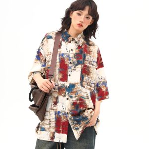 Vintage Splatter Design Short Sleeve Shirt for Women | Retro American Style, Trendy 90s Aesthetic Fashion Top