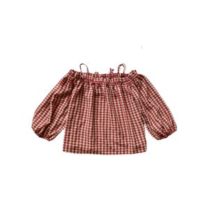 Vintage Spring Garden Off-Shoulder Checkered Long Sleeve Shirt for Women - Lantern Sleeve One-Shoulder Blouse for Spring Summer