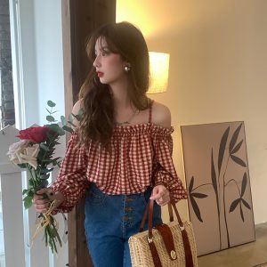 Vintage Spring Garden Off-Shoulder Checkered Long Sleeve Shirt for Women - Lantern Sleeve One-Shoulder Blouse for Spring Summer