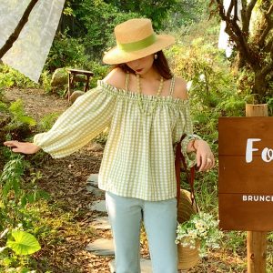 Vintage Spring Garden Off-Shoulder Checkered Long Sleeve Shirt for Women - Lantern Sleeve One-Shoulder Blouse for Spring Summer