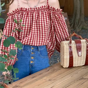 Vintage Spring Garden Off-Shoulder Checkered Long Sleeve Shirt for Women - Lantern Sleeve One-Shoulder Blouse for Spring Summer