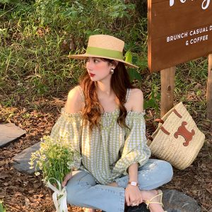 Vintage Spring Garden Off-Shoulder Checkered Long Sleeve Shirt for Women - Lantern Sleeve One-Shoulder Blouse for Spring Summer