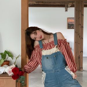 Vintage Spring Garden Off-Shoulder Checkered Long Sleeve Shirt for Women - Lantern Sleeve One-Shoulder Blouse for Spring Summer