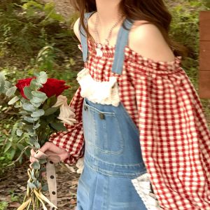 Vintage Spring Garden Off-Shoulder Checkered Long Sleeve Shirt for Women - Lantern Sleeve One-Shoulder Blouse for Spring Summer