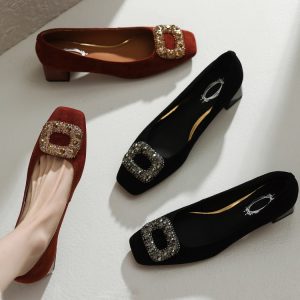 Vintage Square Buckle Rhinestone Square-Toe Loafers for Women - Chunky Heel Suede Sheepskin Footwear, Italian Style Fashion