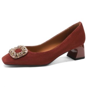 Vintage Square Buckle Rhinestone Square-Toe Loafers for Women - Chunky Heel Suede Sheepskin Footwear, Italian Style Fashion