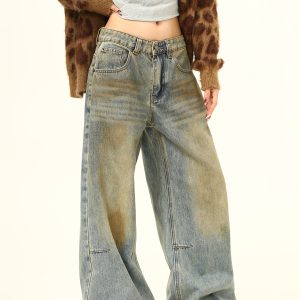 Vintage Straight-Leg Jeans for Men and Women - Dirty Wash Unisex American Retro Loose Wide-Leg Pants - Y2K Style Fashion