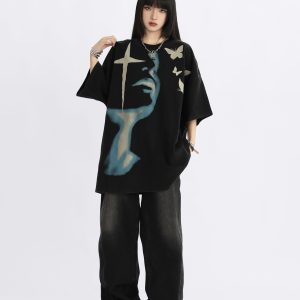 Vintage Street Portrait Printed Oversized T-Shirt for Men and Women | Unisex American Streetwear | 90s Inspired Loose Fit Tee