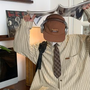 Vintage Striped Long Sleeve Shirt for Men and Women - Versatile Loose Fit Tie Top for Spring and Autumn, Y2K American Style