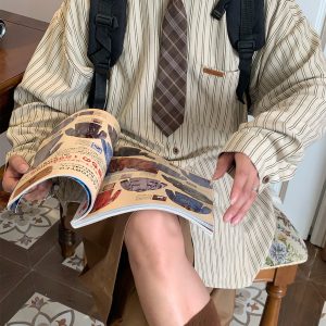 Vintage Striped Long Sleeve Shirt for Men and Women - Versatile Loose Fit Tie Top for Spring and Autumn, Y2K American Style