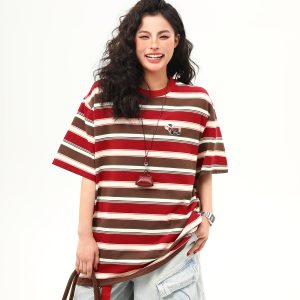 Vintage Striped Sausage Dog Embroidered Short Sleeve T-Shirt for Women - Loose Fit Summer Tee, Casual Style