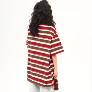 Vintage Striped Sausage Dog Embroidered Short Sleeve T-Shirt for Women - Loose Fit Summer Tee, Casual Style