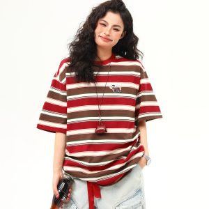 Vintage Striped Sausage Dog Embroidered Short Sleeve T-Shirt for Women - Loose Fit Summer Tee, Casual Style