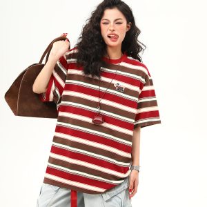 Vintage Striped Sausage Dog Embroidered Short Sleeve T-Shirt for Women - Loose Fit Summer Tee, Casual Style