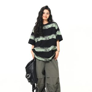 Vintage Striped Short Sleeve T-Shirt for Women - Loose Fit, Trendy Niche Design, Summer Style, Perfect for 90s & Y2K Looks