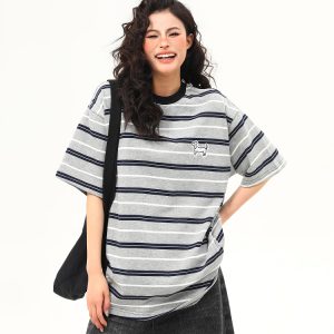 Vintage Striped Short Sleeve T-Shirt for Women with Dog Embroidery - Loose High-Quality Gray Tee, Perfect for Casual Y2K Style